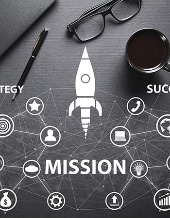 Different connected small icons and bold big text at the center saying "Mission"